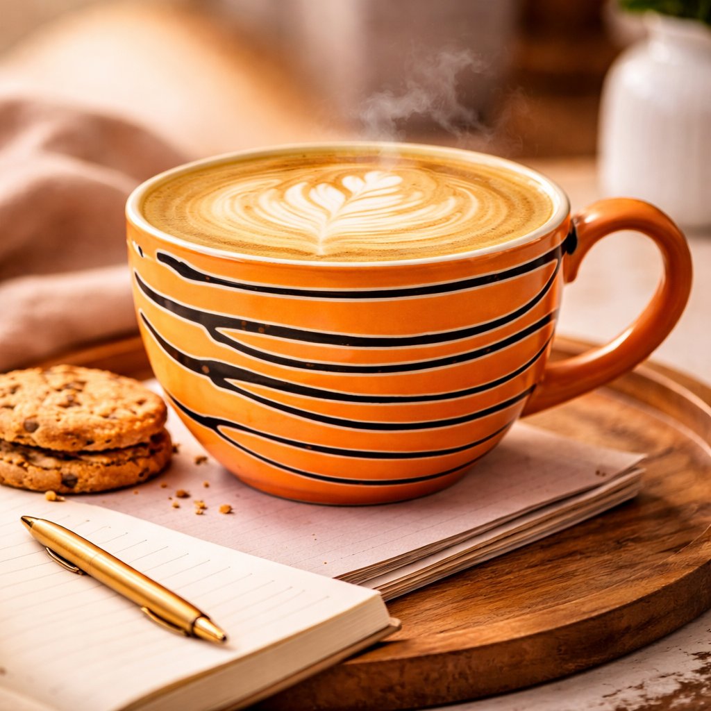 Kunhar Ceramic Jumbo Coffee Mug Soup Mug Noodle Mug - 350 ML - Microwave Safe & Freezer Safe, Set of 1, Orange Line - Image 4