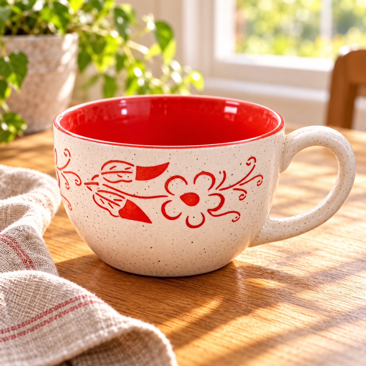 KunhaR Ceramic Jumbo Mug for Coffee, Soup & Noodles - 350 ml - Microwave Safe & Freezer Safe, Set of 1, White Red Flower