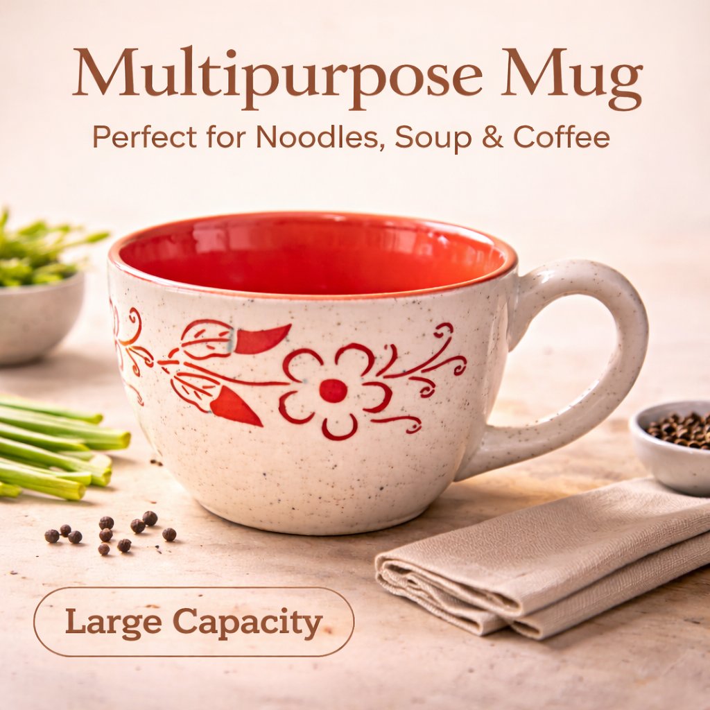 Kunhar Ceramic Jumbo Coffee Mug Soup Mug Noodle Mug - 350 ML - Microwave Safe & Freezer Safe, Set of 1, White Red Flower - Image 6