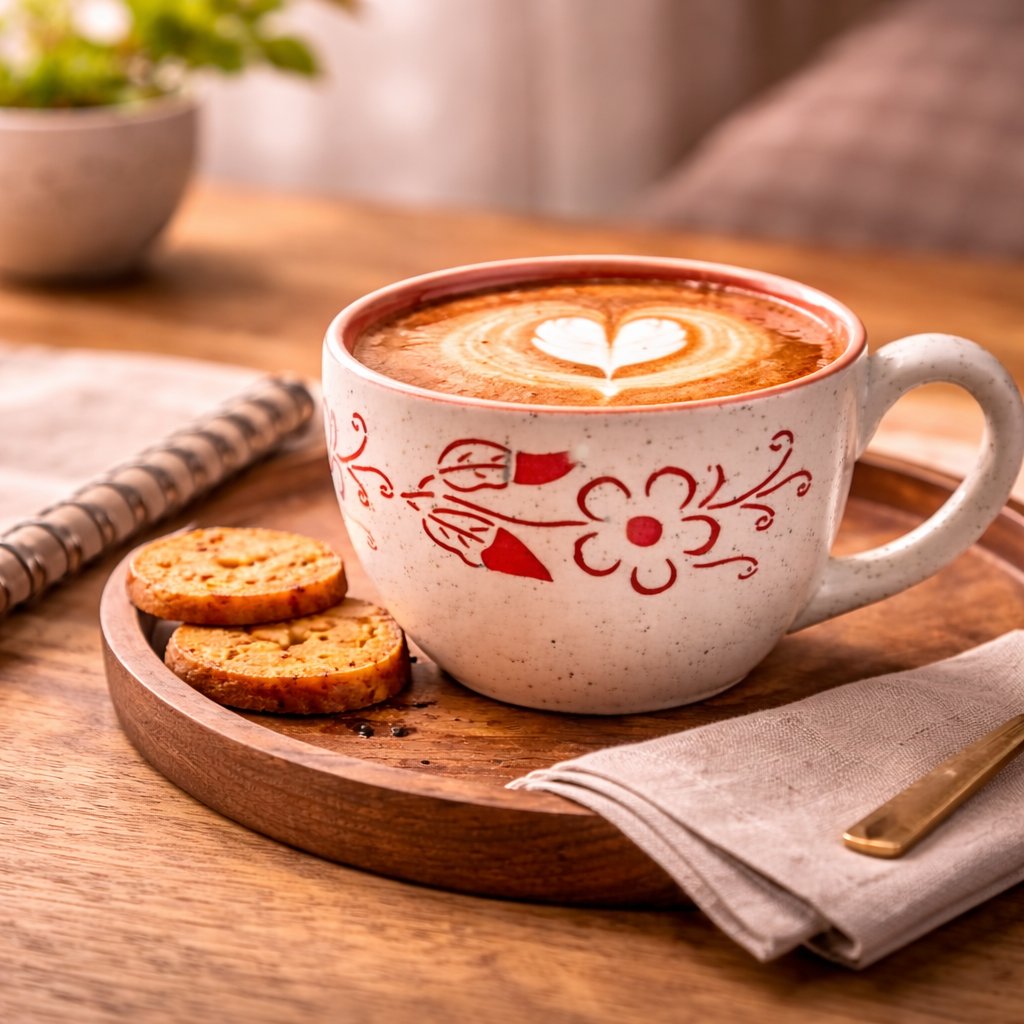 Kunhar Ceramic Jumbo Coffee Mug Soup Mug Noodle Mug - 350 ML - Microwave Safe & Freezer Safe, Set of 1, White Red Flower - Image 4