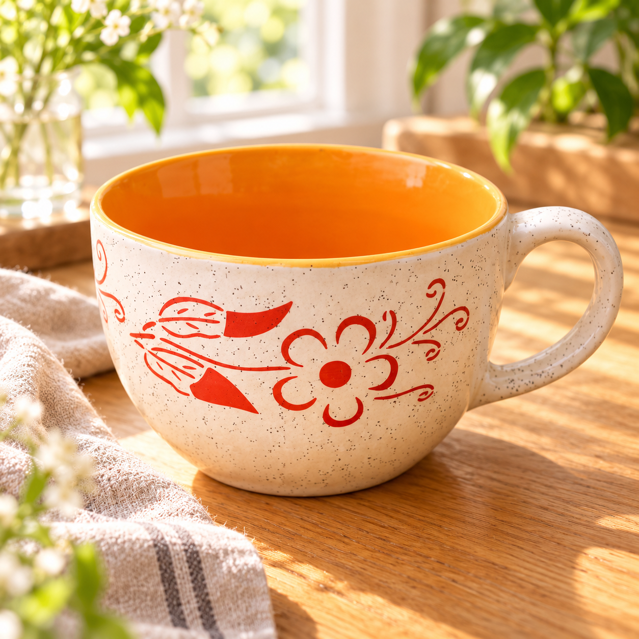 KunhaR Ceramic Jumbo Mug for Coffee, Soup & Noodles - 350 ml - Microwave Safe & Freezer Safe, Set of 1, White Yellow Flower