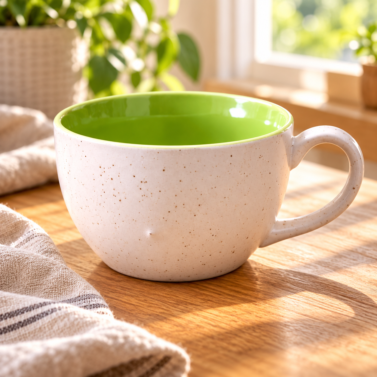 KunhaR Ceramic Jumbo Mug for Coffee, Soup & Noodles - 350 ml - Microwave Safe & Freezer Safe, Set of 1, White Green Matte