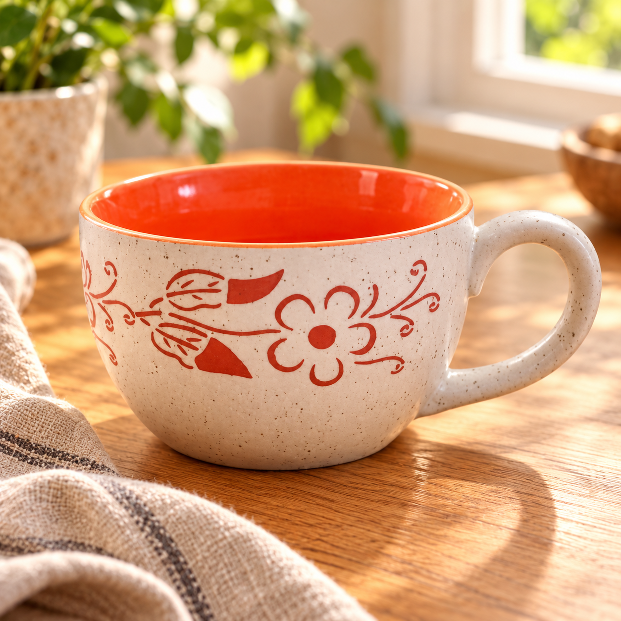 KunhaR Ceramic Jumbo Mug for Coffee, Soup & Noodles - 350 ml - Microwave Safe & Freezer Safe, Set of 1, White Orange Flower
