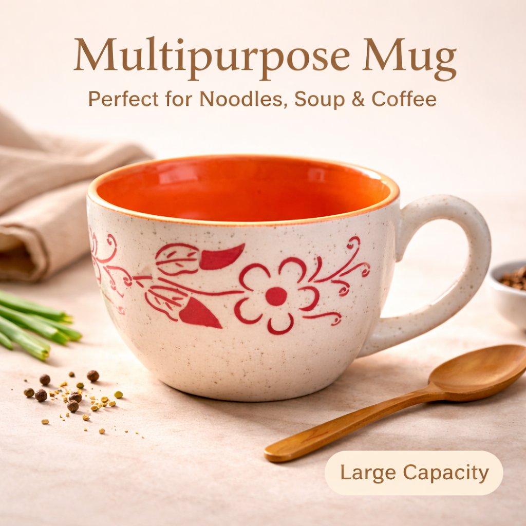 Kunhar Ceramic Jumbo Coffee Mug Soup Mug Noodle Mug - 350 ML - Microwave Safe & Freezer Safe, Set of 1, White Orange Flower - Image 6