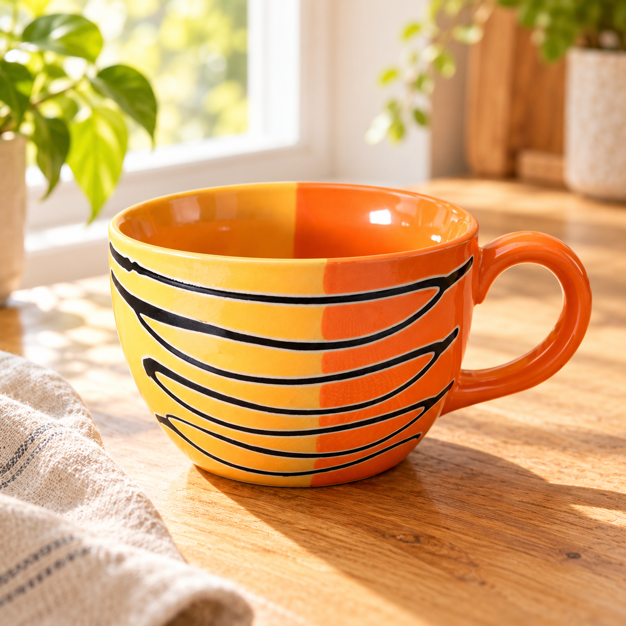 KunhaR Ceramic Jumbo Mug for Coffee, Soup & Noodles - 350 ml - Microwave Safe & Freezer Safe, Set of 1, Orange Yellow