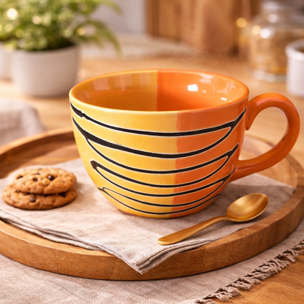 Kunhar Ceramic Jumbo Coffee Mug Soup Mug Noodle Mug - 350 ML - Microwave Safe & Freezer Safe, Set of 1, Orange Yellow