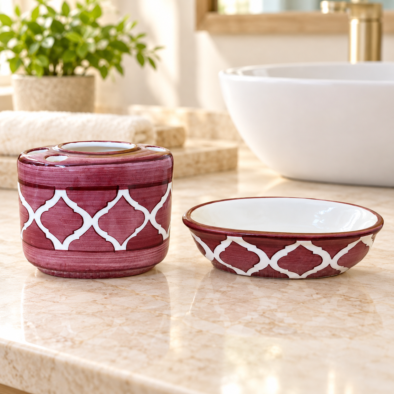 Kunhar Ceramic 2-Piece Bathroom Accessory Set, Purple Brown (Soap Dish and Toothbrush Holder)