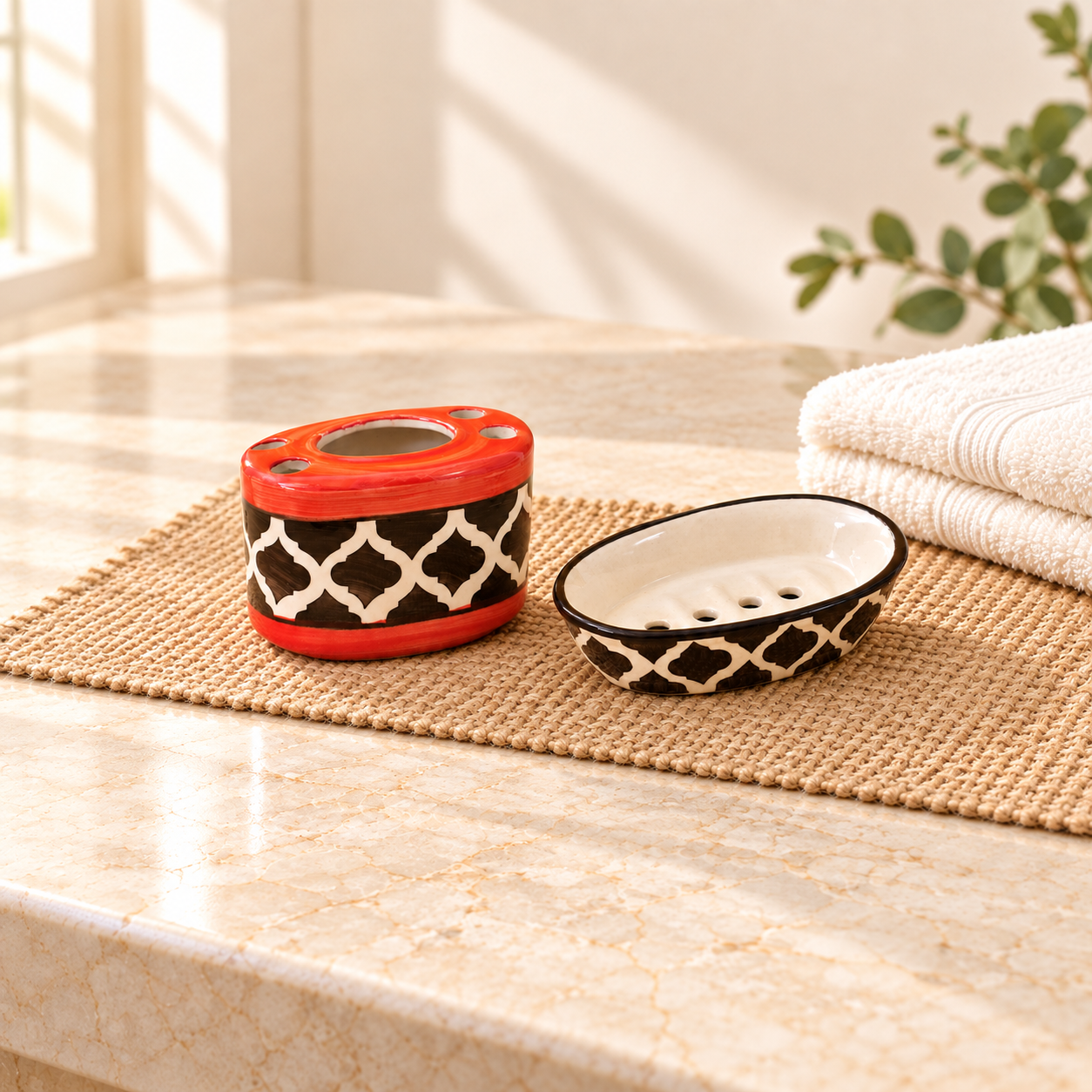 Kunhar Ceramic 2-Piece Bathroom Accessories Set (1 Soap Dish Holder and 1 Toothbrush Holder), Red Chidi