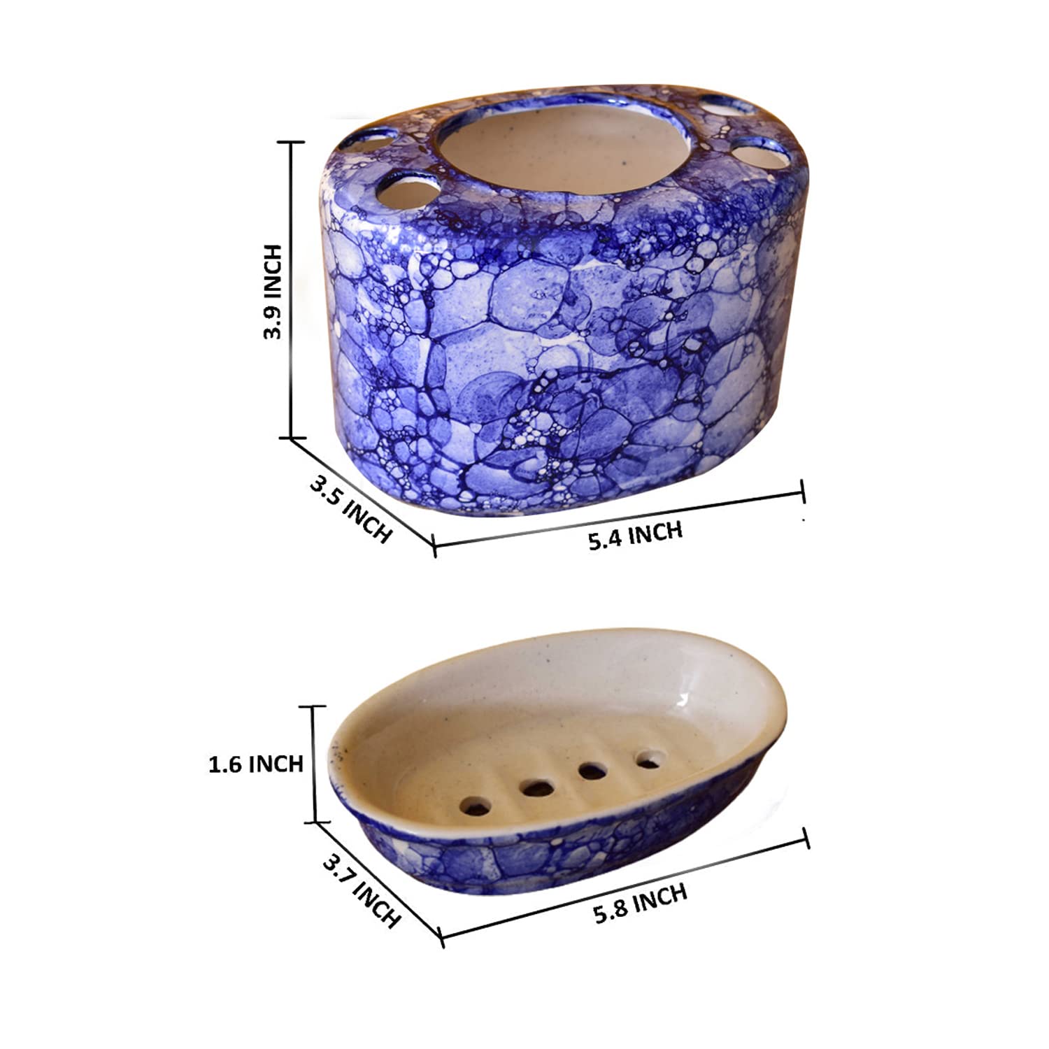 Kunhar Ceramic 2-Piece Bathroom Accessories Set (1 Soap Dish Holder and 1 Toothbrush Holder), Blue Luster - Image 2