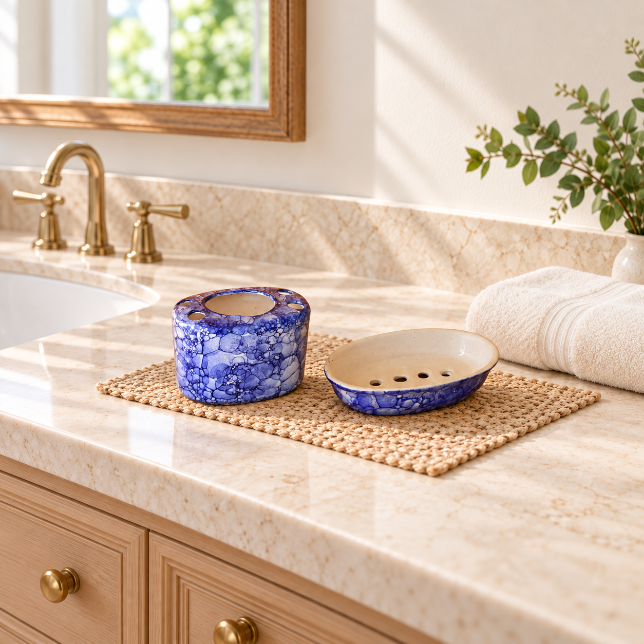 Kunhar Ceramic 2-Piece Bathroom Accessories Set (1 Soap Dish Holder and 1 Toothbrush Holder), Blue Luster