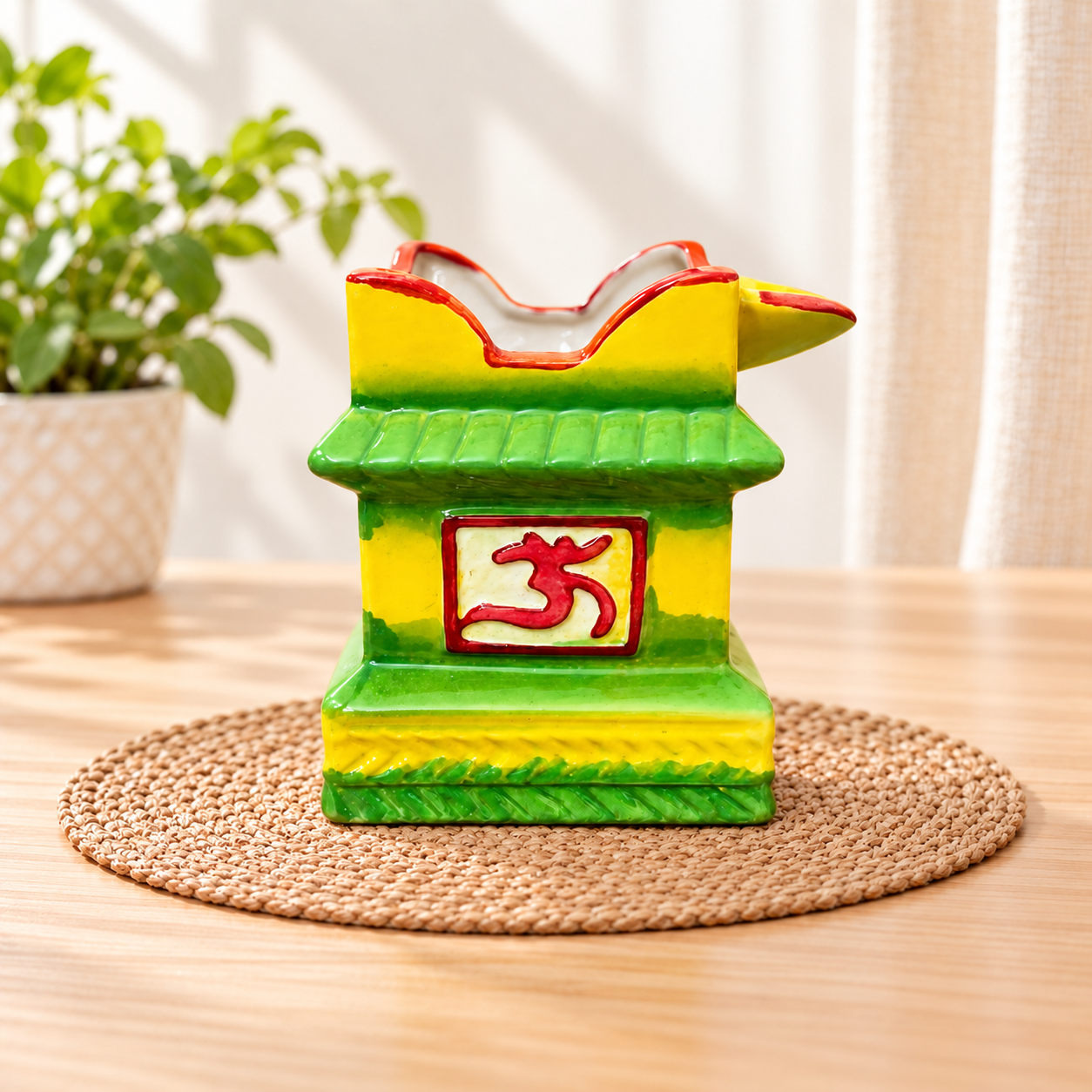 Kunhar Ceramic Tulsi Pot 5 x 7.2 Inch Green Yellow – Decorative Plant Pot with Outer Planter