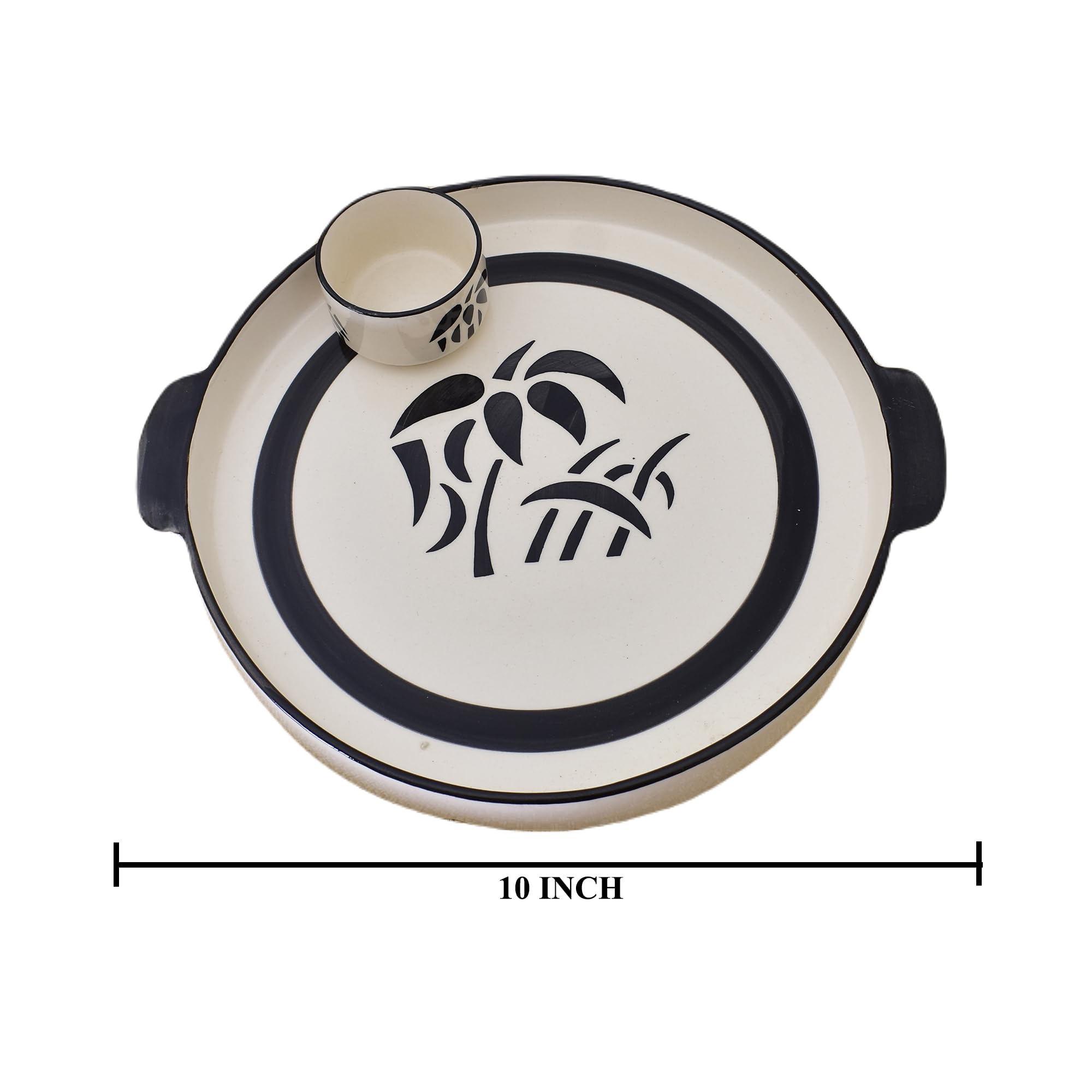 KunhaR Ceramic Platter, Pizza Plate, Round Serving Plate With Serving Chutney Bowl, 10 Inch, White Tree - Image 2