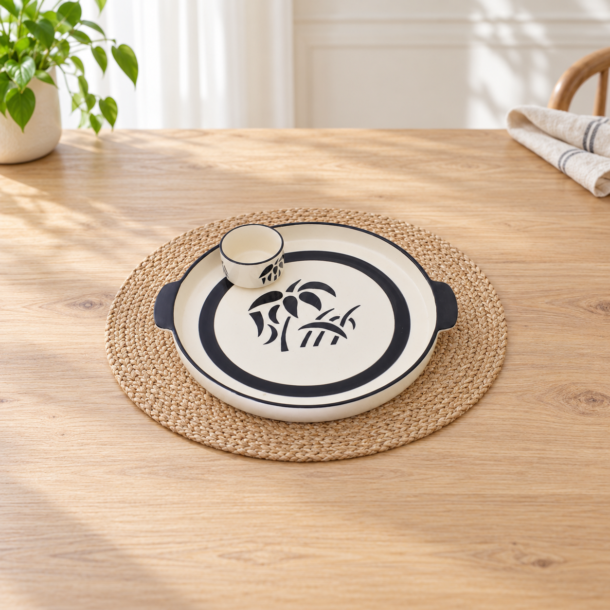 KunhaR Ceramic Platter, Pizza Plate, Round Serving Plate With Serving Chutney Bowl, 10 Inch, White Tree