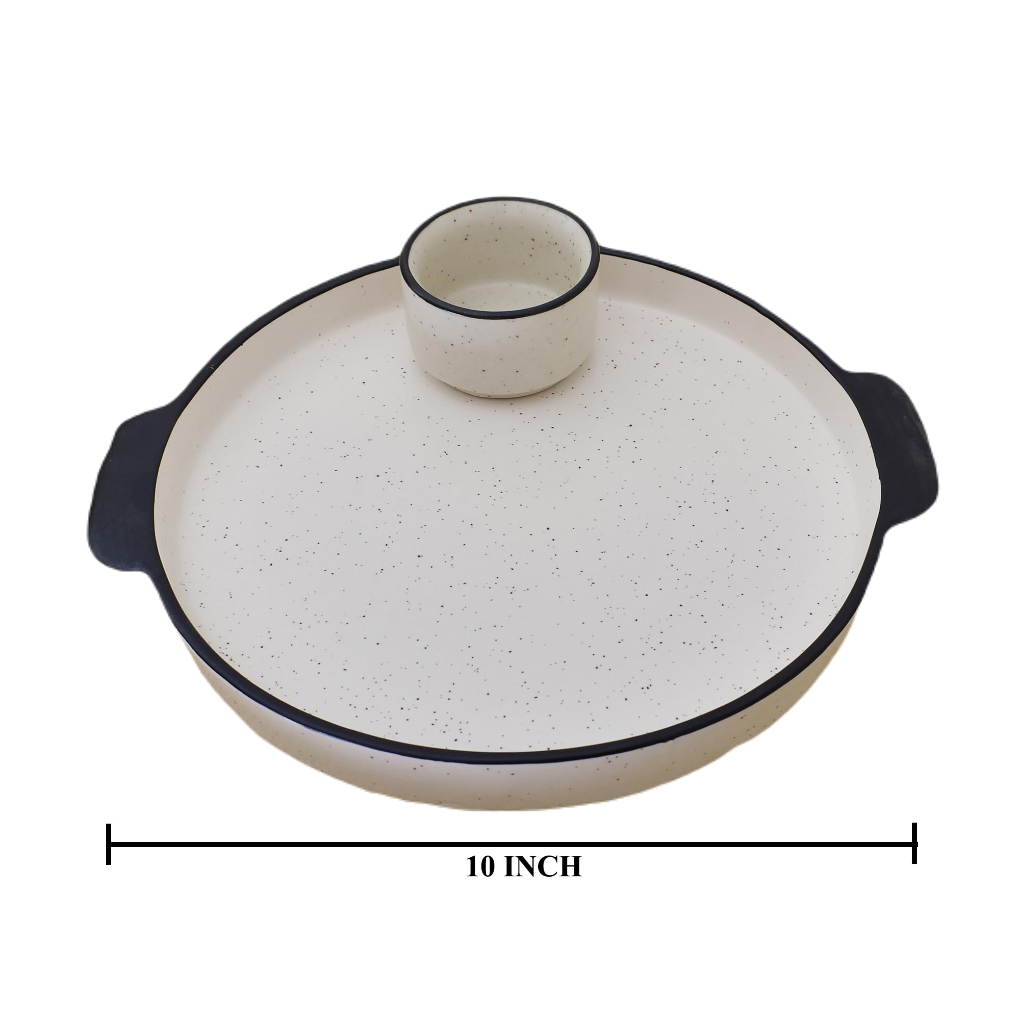 KunhaR Ceramic Platter, Pizza Plate, Round Serving Plate with Serving Chutney Bowl, 10 Inch, White Matt - Image 2