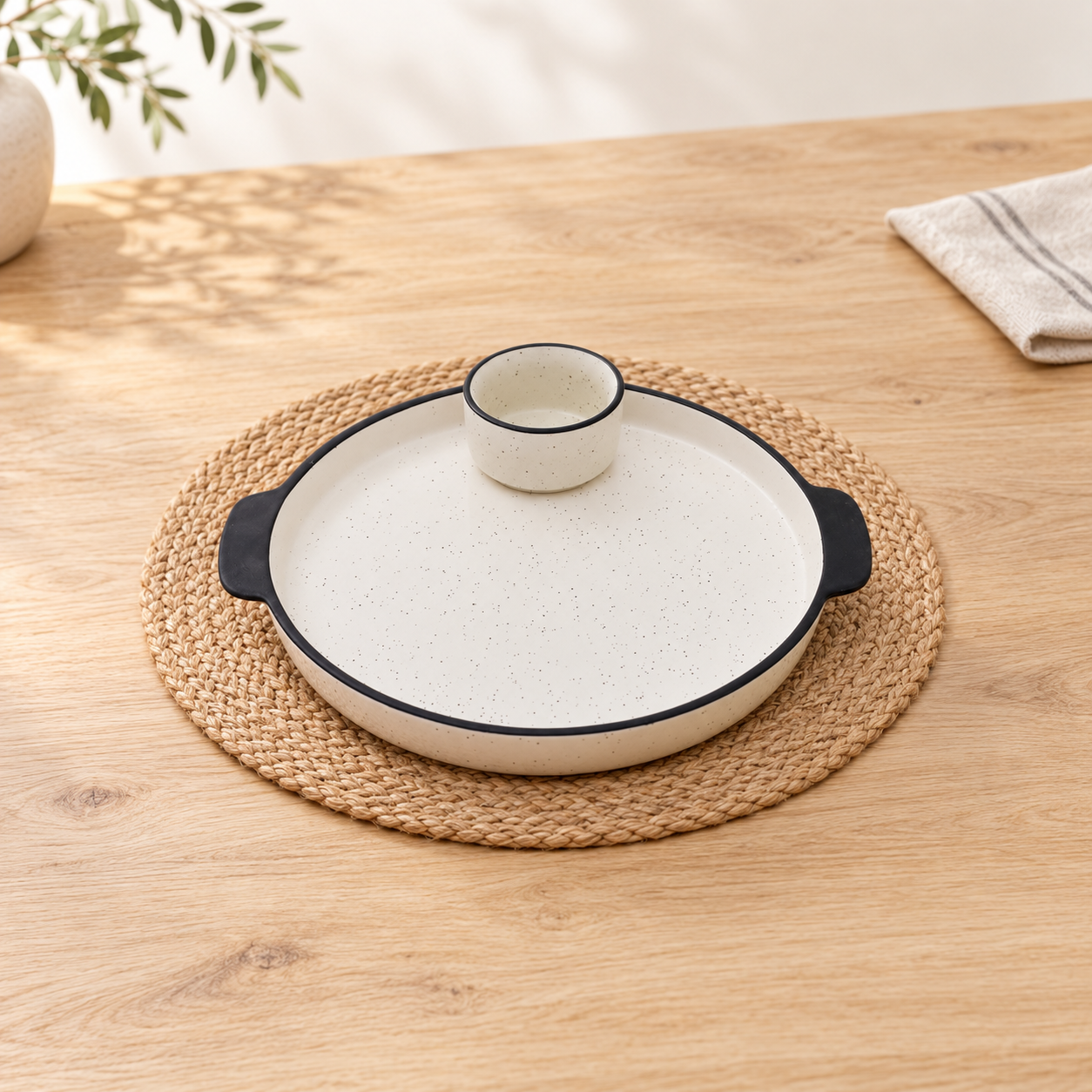 KunhaR Ceramic Platter, Pizza Plate, Round Serving Plate with Serving Chutney Bowl, 10 Inch, White Matt