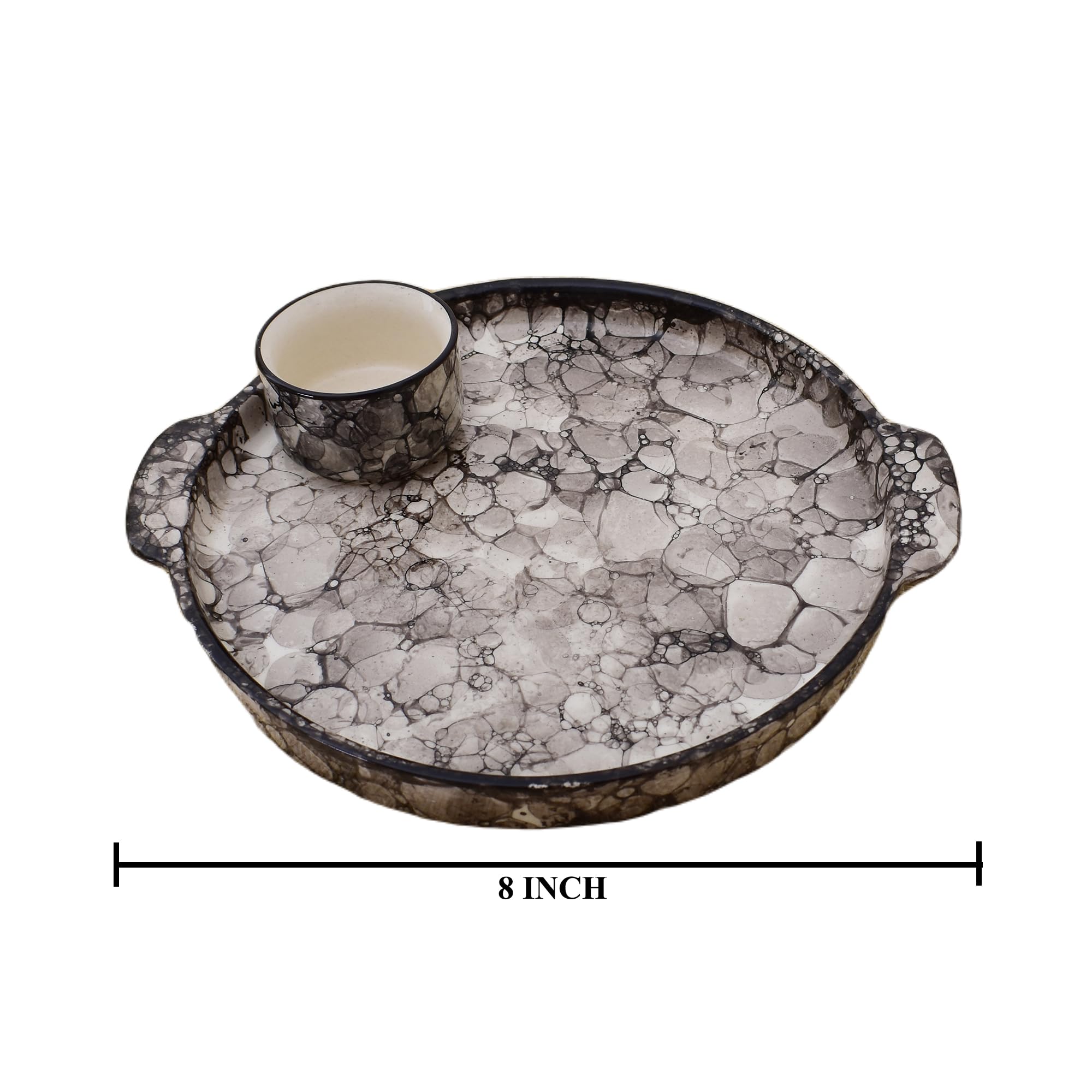 KunhaR Ceramic Platter, Pizza Plate, Round Serving Plate with Serving Chutney Bowl, 8 Inch, Black Luster - Image 2