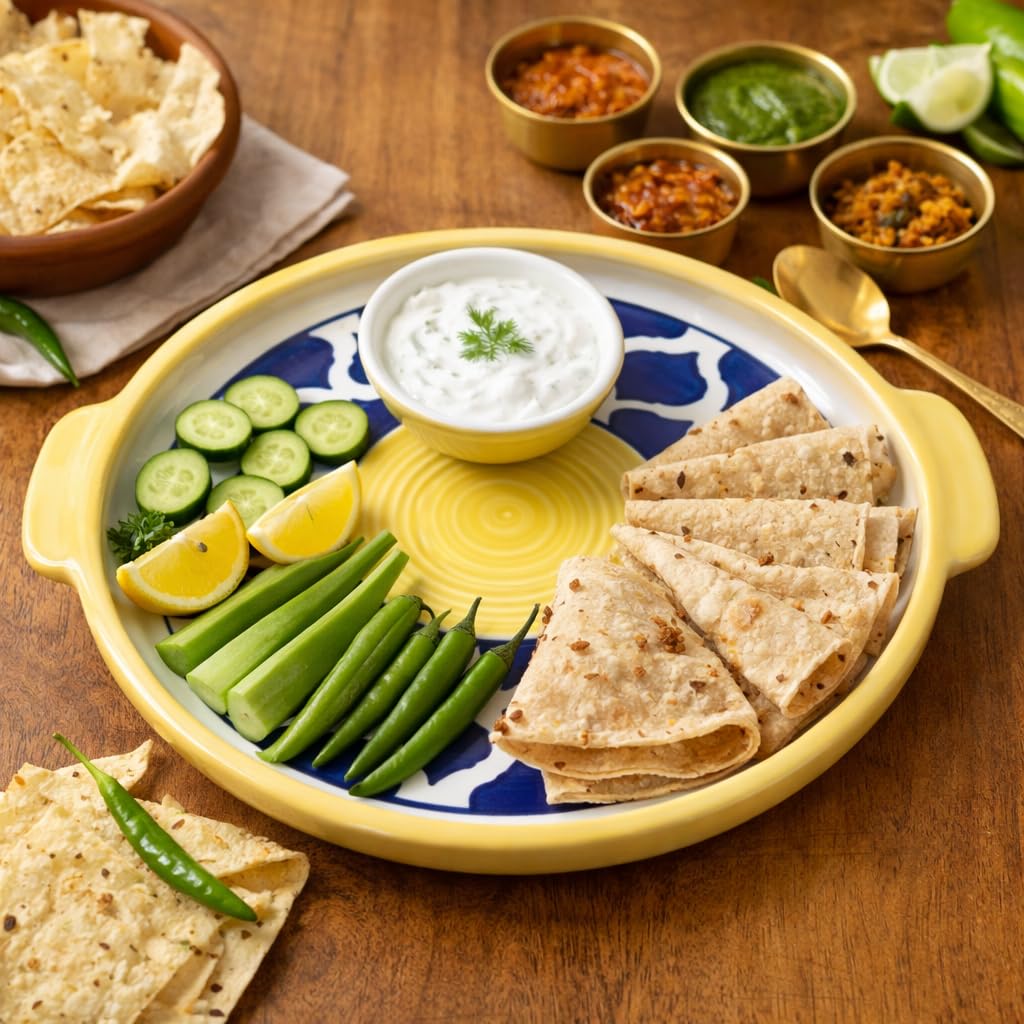 KunhaR Ceramic Platter Pizza Plate with Serving Chutney Bowl; Round Serving Plate for Snacks & Appetizers; 8 Inch Handcrafted Ceramic Plate; Yellow Blue Chidi Design; Microwave & Dishwasher Safe - Image 2