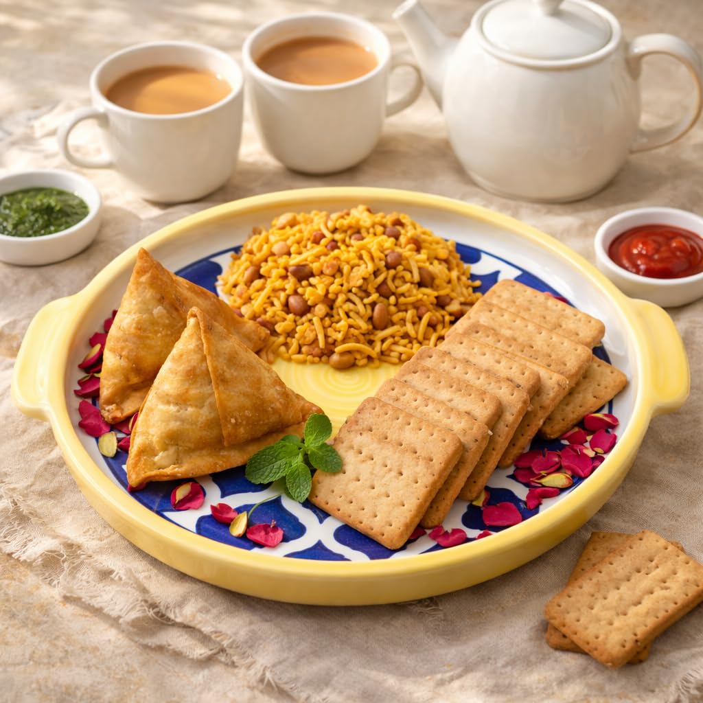 KunhaR Ceramic Platter Pizza Plate with Serving Chutney Bowl; Round Serving Plate for Snacks & Appetizers; 8 Inch Handcrafted Ceramic Plate; Yellow Blue Chidi Design; Microwave & Dishwasher Safe - Image 4