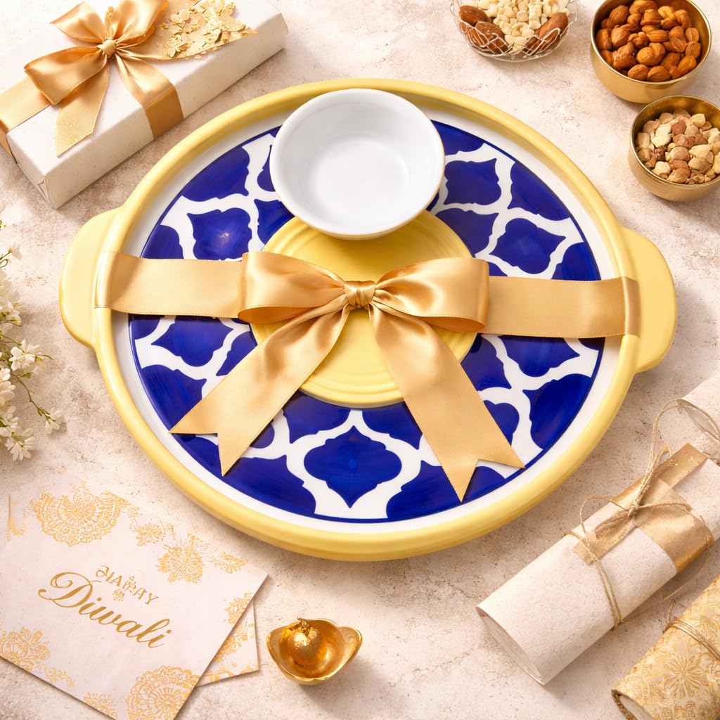 KunhaR Ceramic Platter Pizza Plate with Serving Chutney Bowl; Round Serving Plate for Snacks & Appetizers; 8 Inch Handcrafted Ceramic Plate; Yellow Blue Chidi Design; Microwave & Dishwasher Safe - Image 5