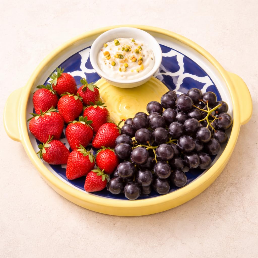 KunhaR Ceramic Platter Pizza Plate with Serving Chutney Bowl; Round Serving Plate for Snacks & Appetizers; 8 Inch Handcrafted Ceramic Plate; Yellow Blue Chidi Design; Microwave & Dishwasher Safe - Image 6
