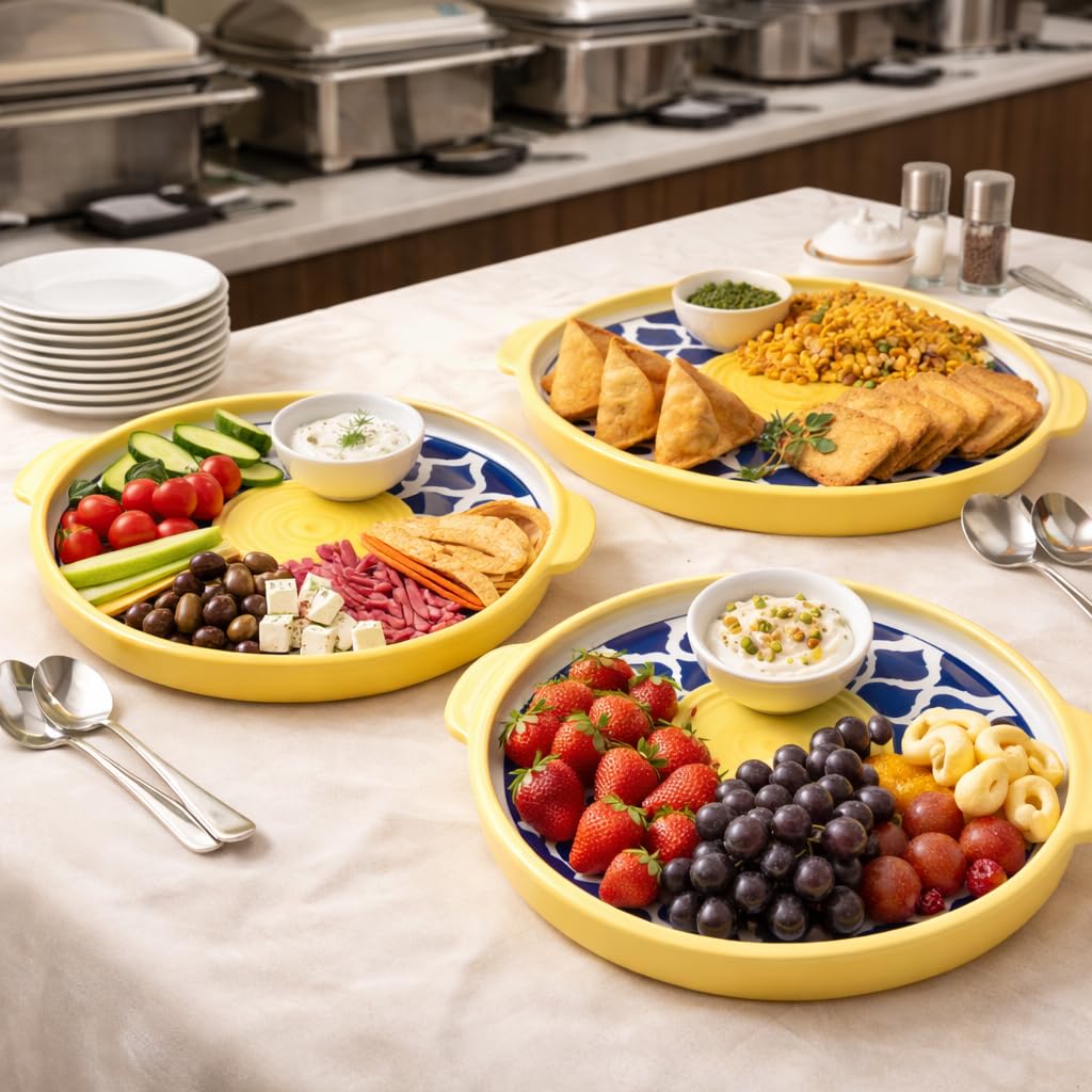 KunhaR Ceramic Platter Pizza Plate with Serving Chutney Bowl; Round Serving Plate for Snacks & Appetizers; 8 Inch Handcrafted Ceramic Plate; Yellow Blue Chidi Design; Microwave & Dishwasher Safe - Image 7