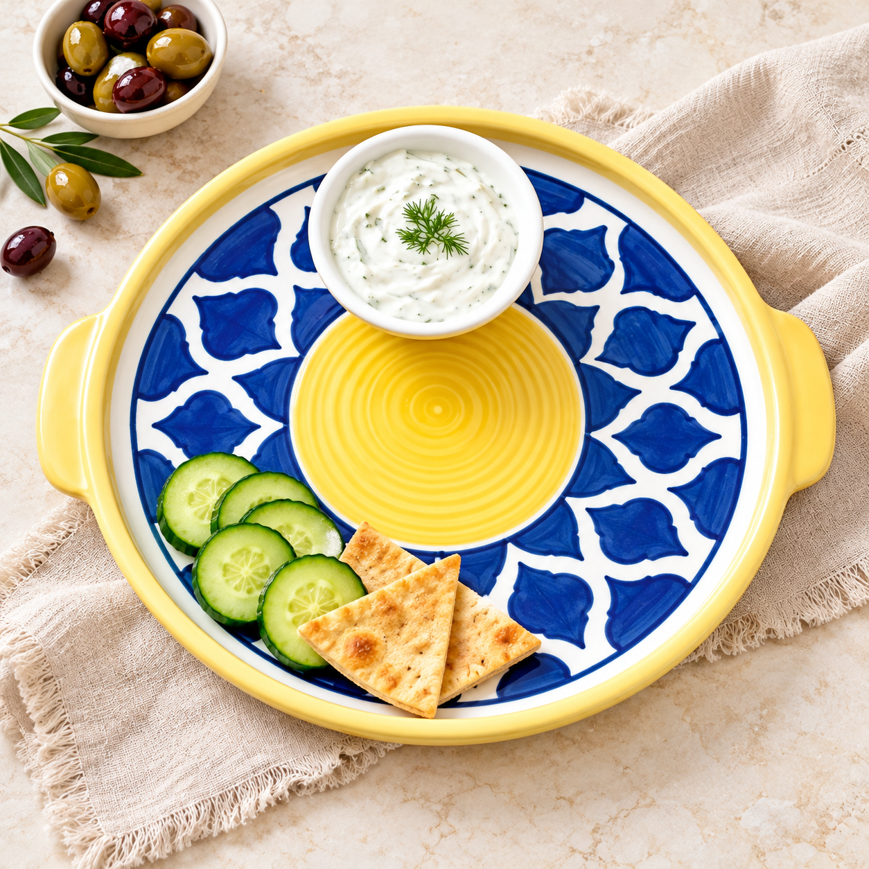 KunhaR Ceramic Platter Pizza Plate with Serving Chutney Bowl; Round Serving Plate for Snacks & Appetizers; 8 Inch Handcrafted Ceramic Plate; Yellow Blue Chidi Design; Microwave & Dishwasher Safe