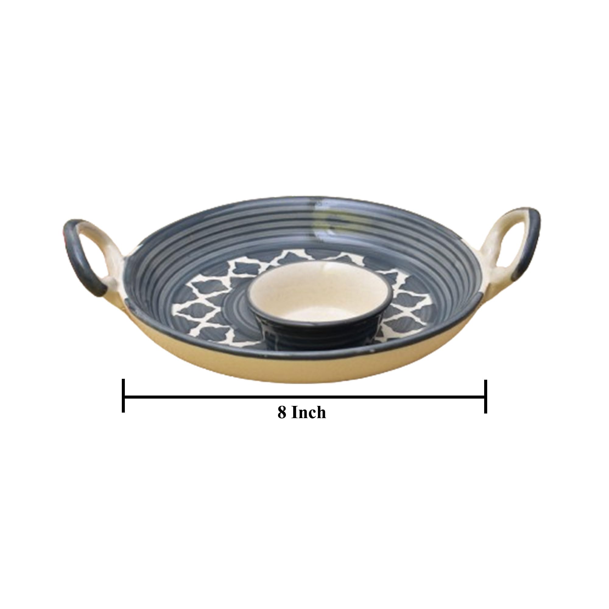 KunhaR Ceramic Platter, Pizza Plate, Round Serving Plate with Serving Chutney Bowl, 8 Inch, Grey Chidi - Image 2