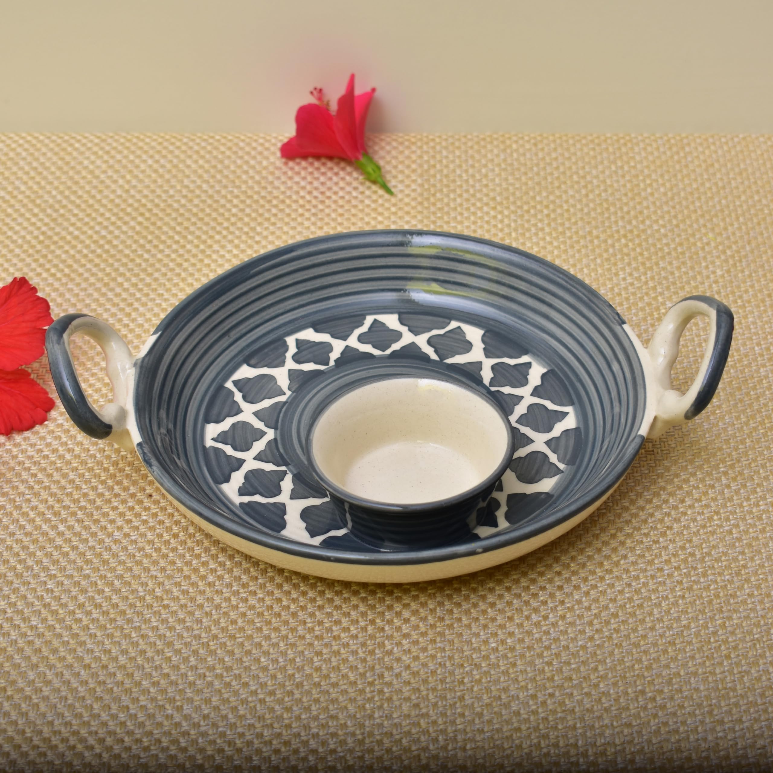 KunhaR Ceramic Platter, Pizza Plate, Round Serving Plate with Serving Chutney Bowl, 8 Inch, Grey Chidi - Image 3