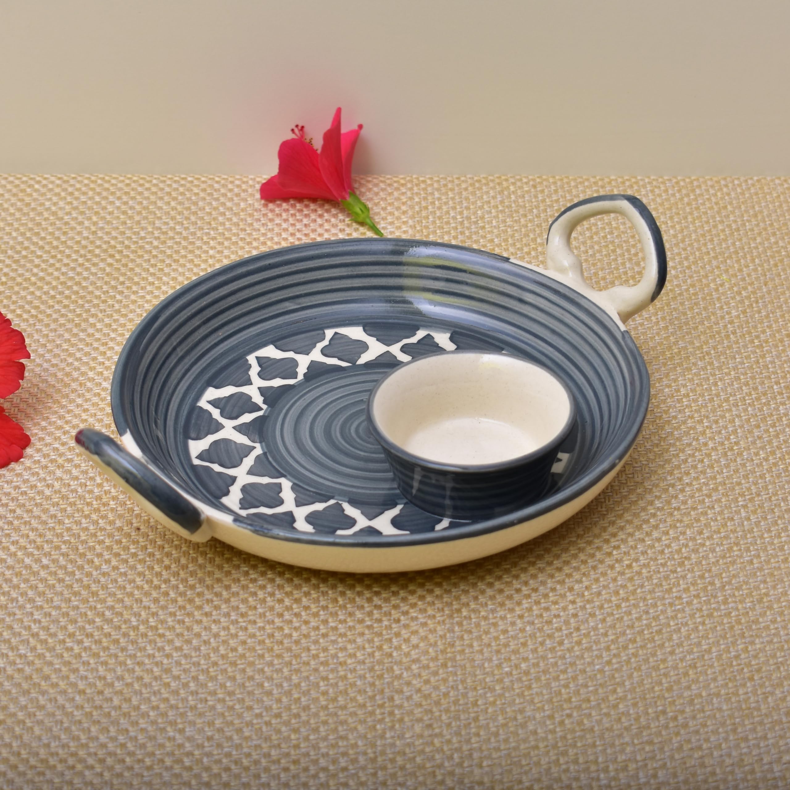 KunhaR Ceramic Platter, Pizza Plate, Round Serving Plate with Serving Chutney Bowl, 8 Inch, Grey Chidi - Image 4