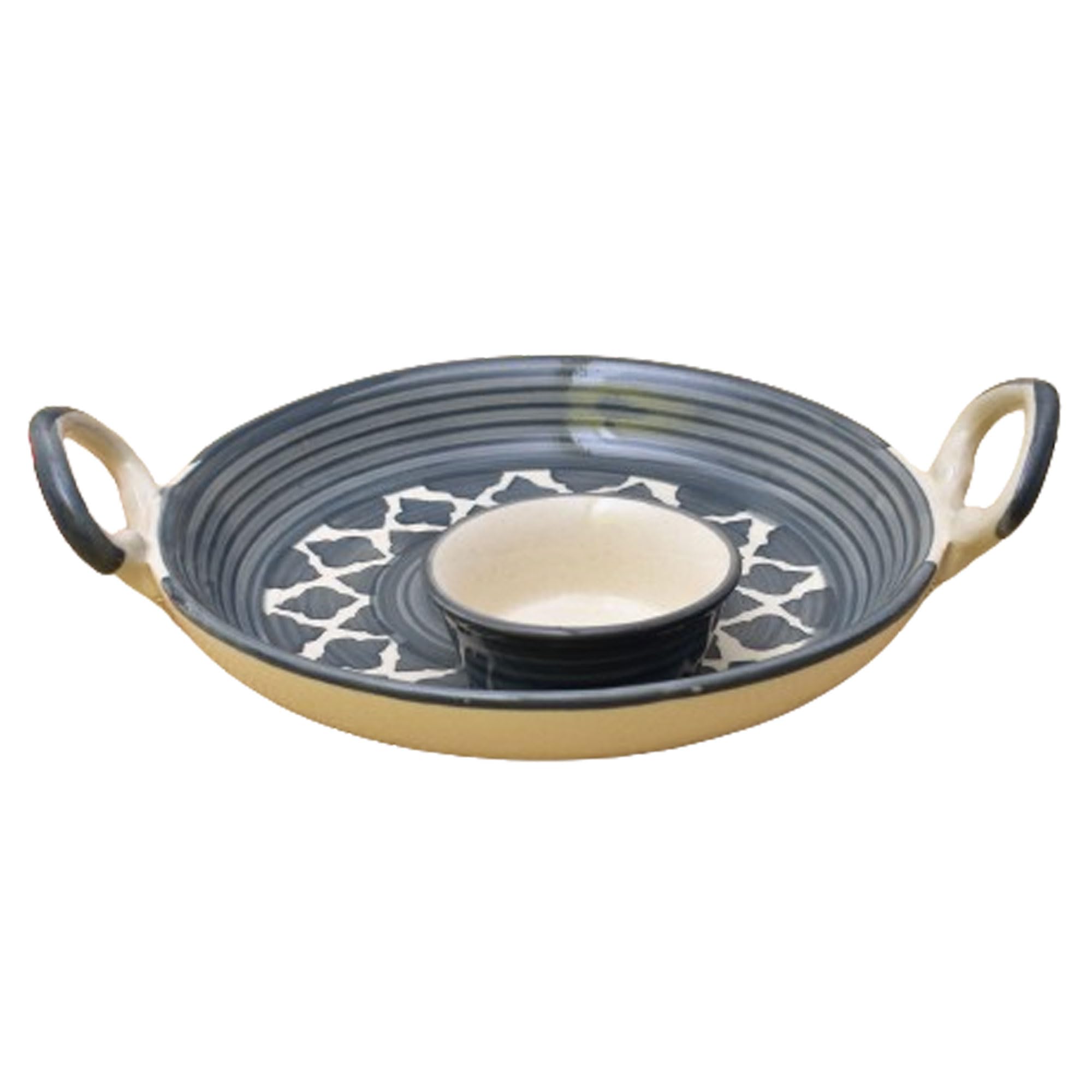 KunhaR Ceramic Platter, Pizza Plate, Round Serving Plate with Serving Chutney Bowl, 8 Inch, Grey Chidi - Image 5