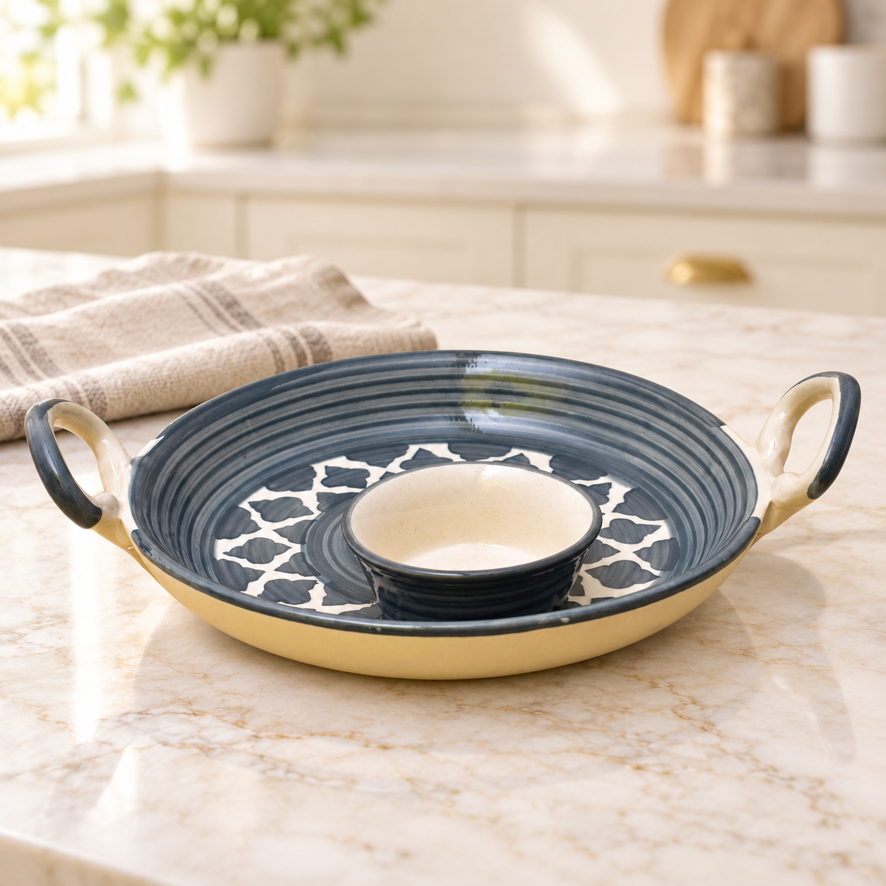 KunhaR Ceramic Platter, Pizza Plate, Round Serving Plate with Serving Chutney Bowl, 8 Inch, Grey Chidi